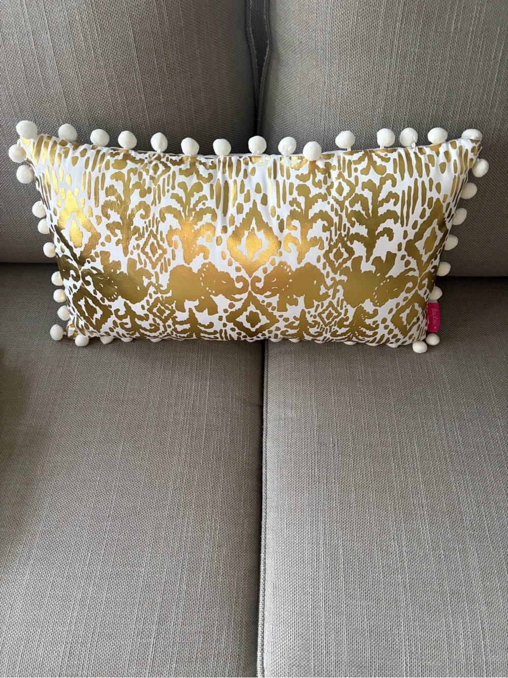 Lilly Pulitzer White Pillow Pom-Pom with elephants and gold design on reverse